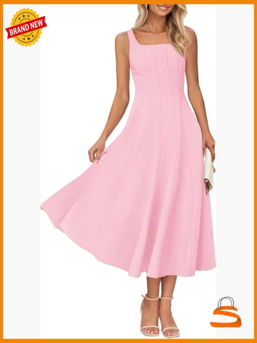 Sleeveless Square Neck Midi Dress Flowy A-Line with Pockets